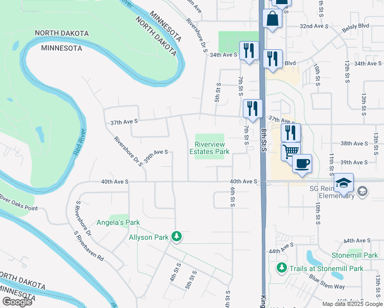 map of restaurants, bars, coffee shops, grocery stores, and more near 3902 4th Street South in Moorhead