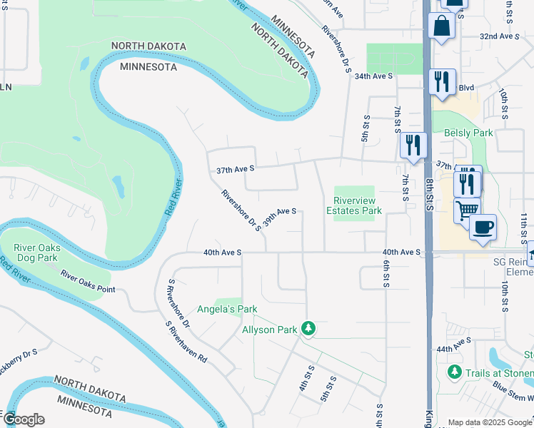 map of restaurants, bars, coffee shops, grocery stores, and more near 109 39th Avenue South in Moorhead