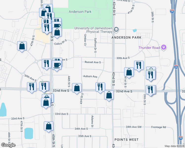 map of restaurants, bars, coffee shops, grocery stores, and more near 4267 Auburn Avenue in Fargo