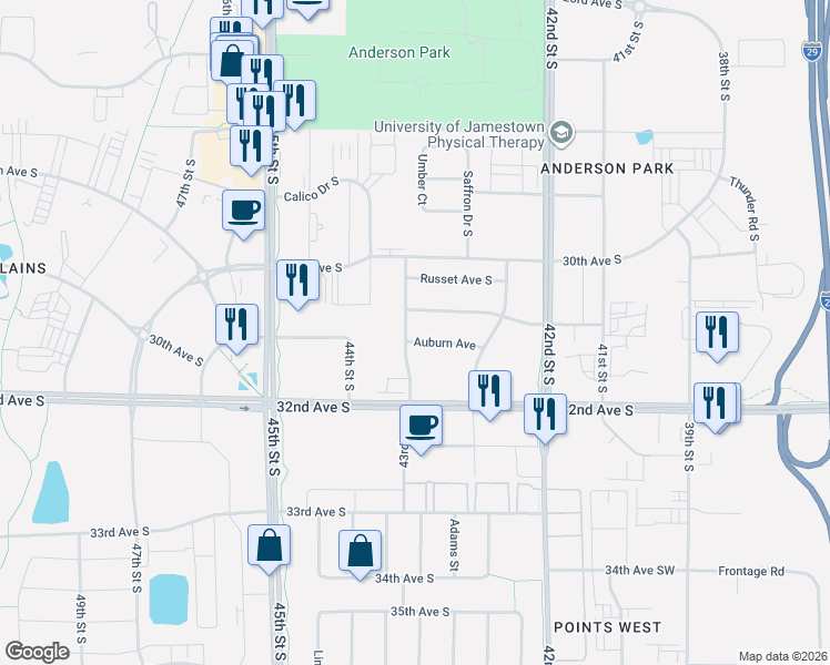 map of restaurants, bars, coffee shops, grocery stores, and more near 4295 Auburn Avenue in Fargo