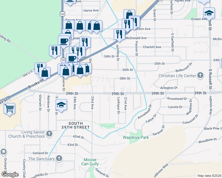 map of restaurants, bars, coffee shops, grocery stores, and more near 2220 39th Street in Missoula