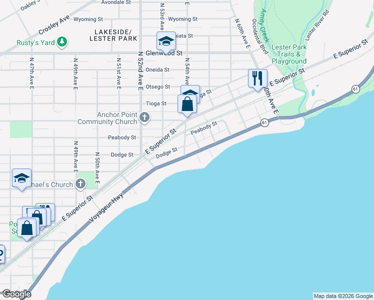 map of restaurants, bars, coffee shops, grocery stores, and more near 5401 London Road in Duluth