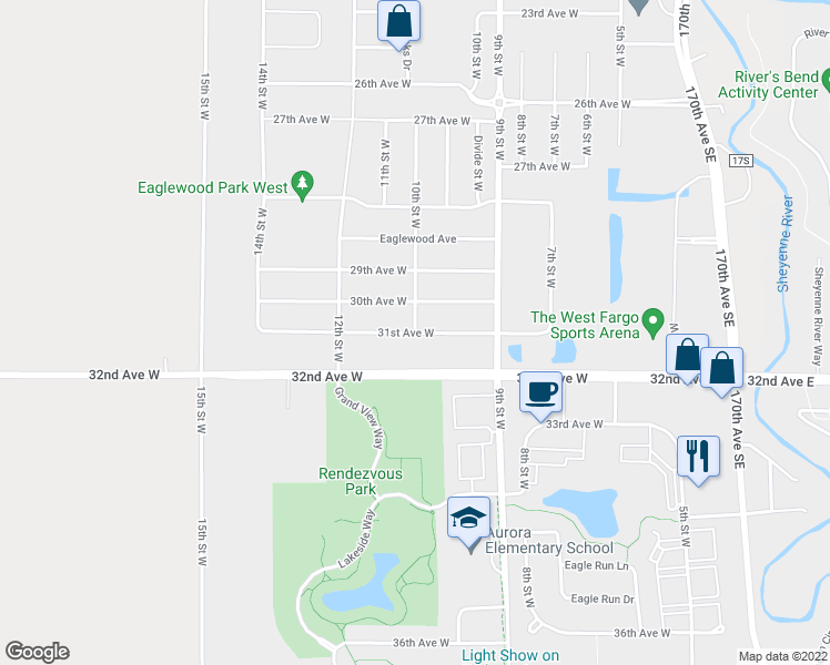 map of restaurants, bars, coffee shops, grocery stores, and more near 31st Ave W in West Fargo