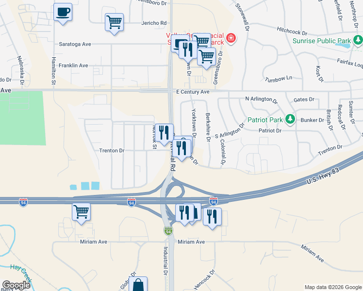 map of restaurants, bars, coffee shops, grocery stores, and more near 3900 Trenton Drive in Bismarck