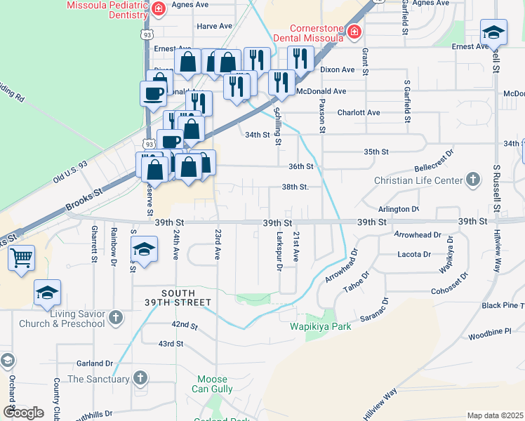 map of restaurants, bars, coffee shops, grocery stores, and more near 2220 39th Street in Missoula