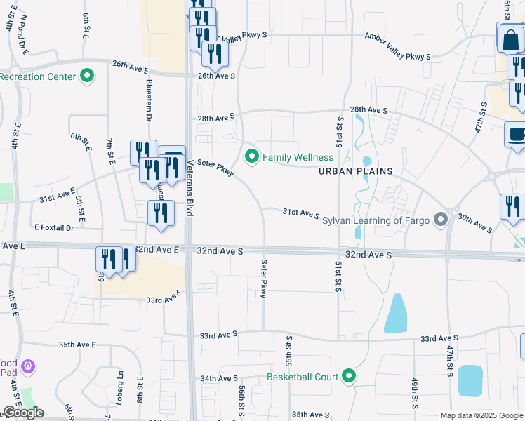 map of restaurants, bars, coffee shops, grocery stores, and more near 3037 Seter Parkway in Fargo