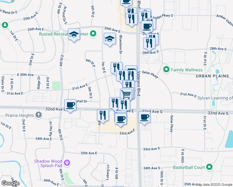 map of restaurants, bars, coffee shops, grocery stores, and more near 3163 7th Street East in Fargo