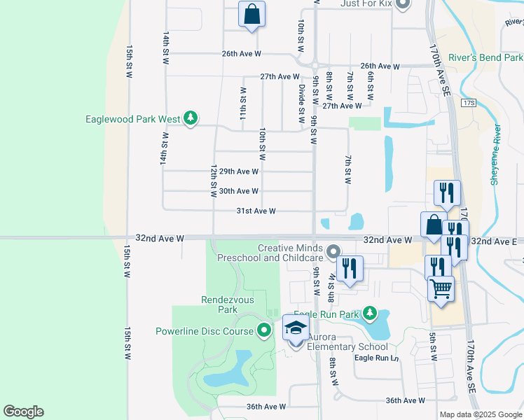 map of restaurants, bars, coffee shops, grocery stores, and more near 10th St W in West Fargo