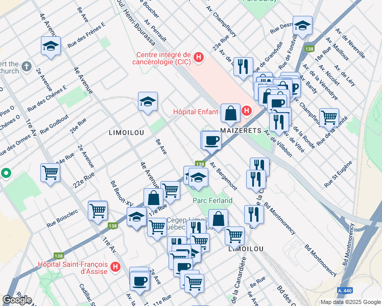 map of restaurants, bars, coffee shops, grocery stores, and more near 1075 Rue Bouchette in Ville de Québec