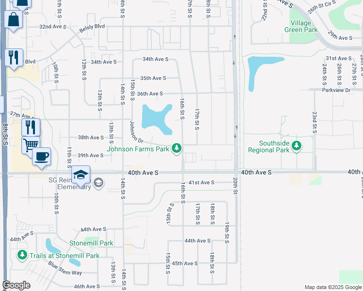 map of restaurants, bars, coffee shops, grocery stores, and more near 1701 Johnson Drive in Moorhead