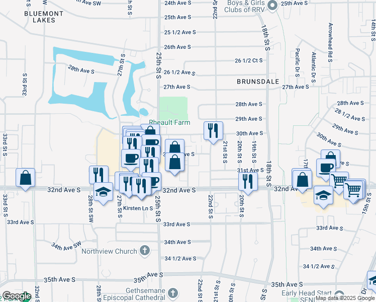 map of restaurants, bars, coffee shops, grocery stores, and more near 2309 30 1/2 Avenue South in Fargo