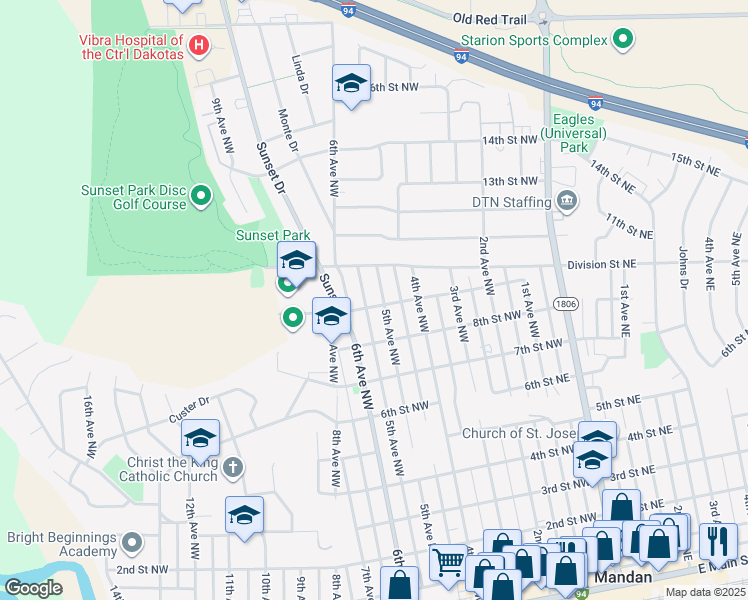 map of restaurants, bars, coffee shops, grocery stores, and more near 603 9th Street Northwest in Mandan