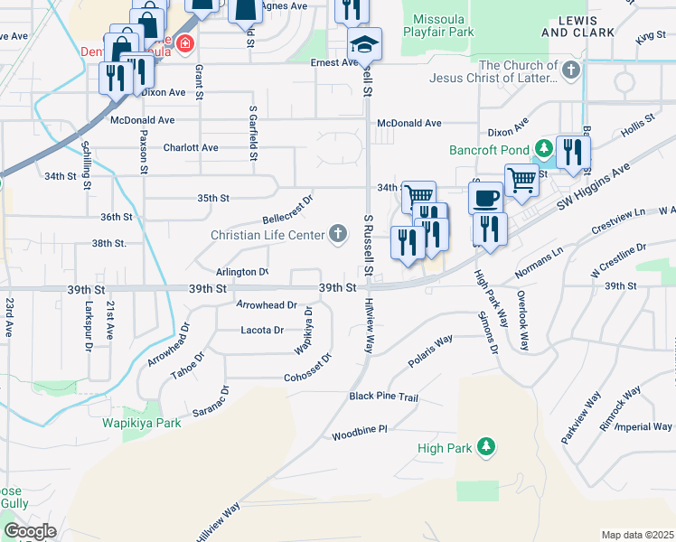 map of restaurants, bars, coffee shops, grocery stores, and more near 103 Mission Court in Missoula