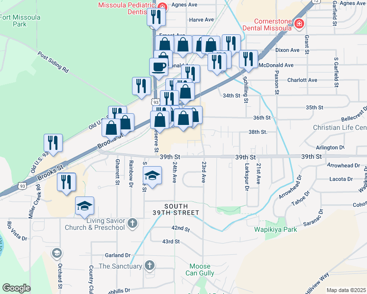 map of restaurants, bars, coffee shops, grocery stores, and more near 2424 39th Street in Missoula