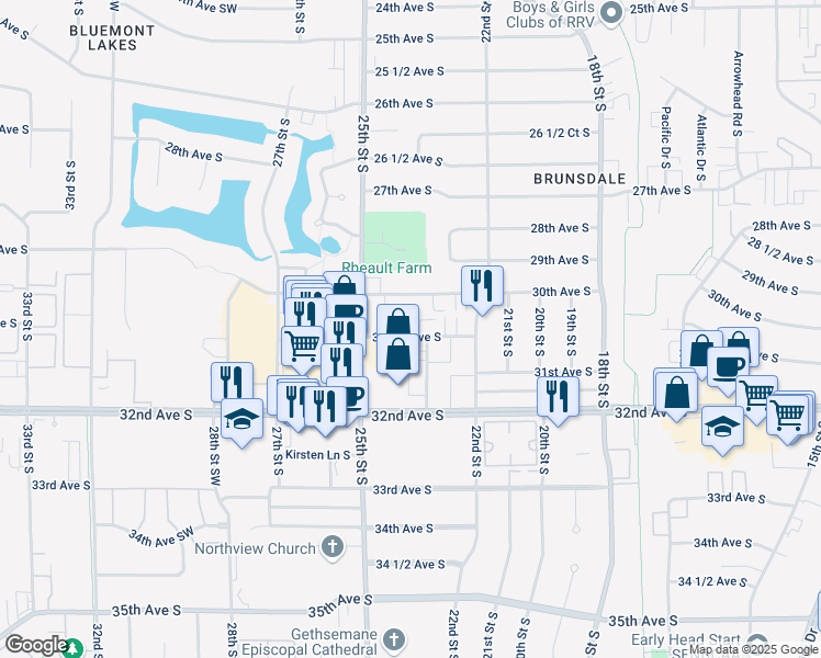map of restaurants, bars, coffee shops, grocery stores, and more near 2309 30 1/2 Avenue South in Fargo