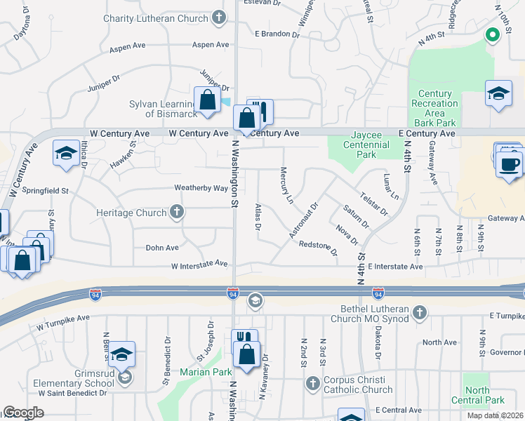 map of restaurants, bars, coffee shops, grocery stores, and more near 2523 Atlas Drive in Bismarck