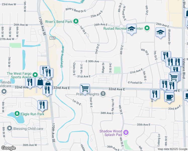 map of restaurants, bars, coffee shops, grocery stores, and more near 227 31st Avenue East in West Fargo