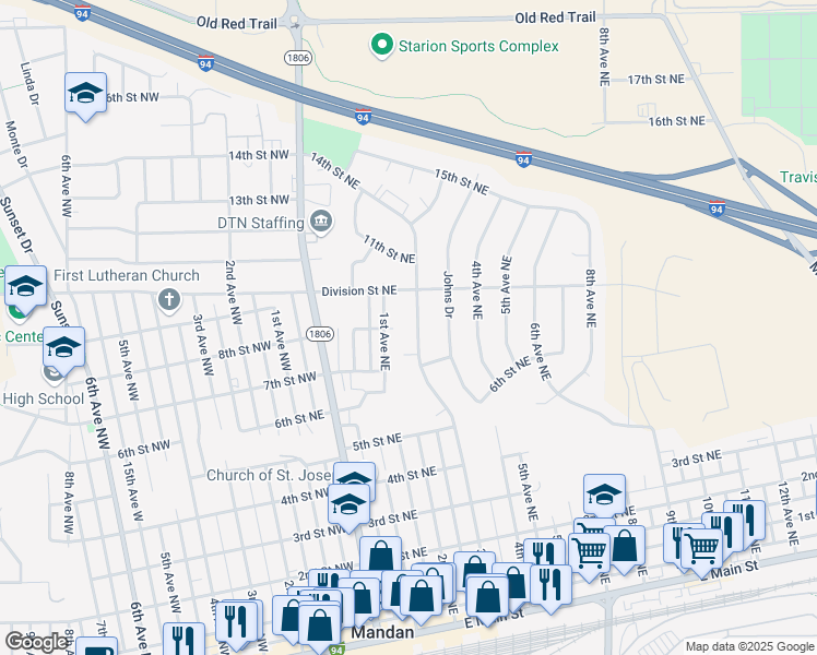 map of restaurants, bars, coffee shops, grocery stores, and more near 801 3rd Avenue Northeast in Mandan