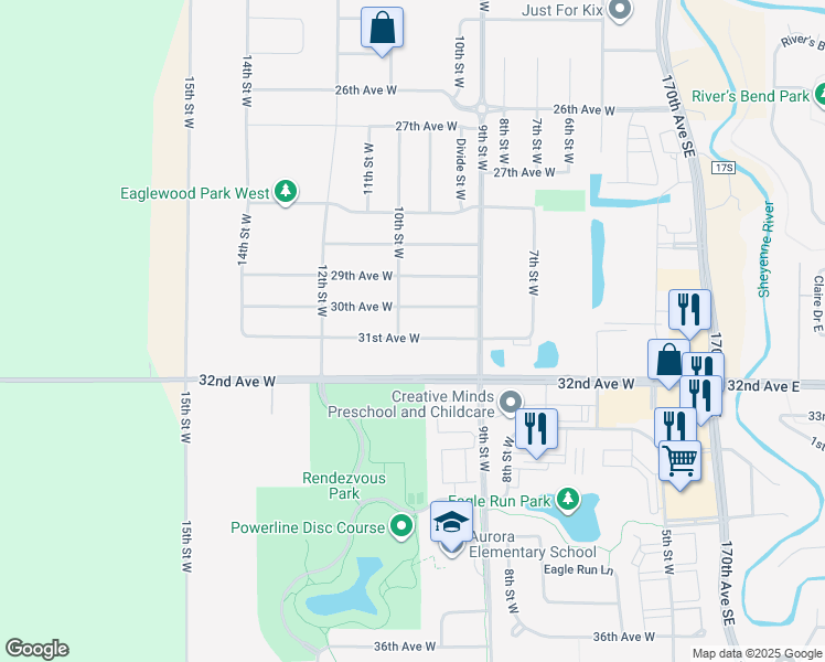 map of restaurants, bars, coffee shops, grocery stores, and more near 969 31st Avenue West in West Fargo