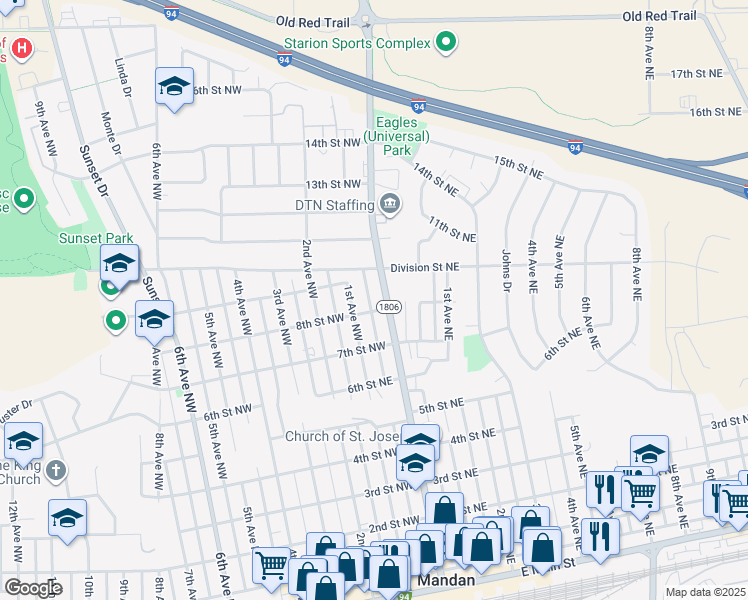 map of restaurants, bars, coffee shops, grocery stores, and more near 105 8th Street Northeast in Mandan