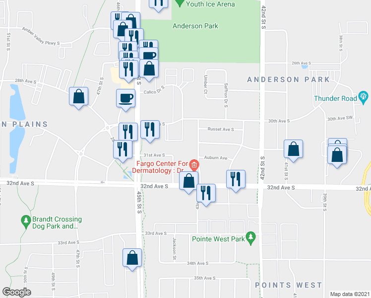 map of restaurants, bars, coffee shops, grocery stores, and more near 3120 44th Street South in Fargo