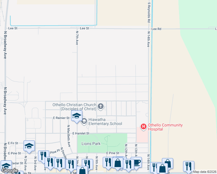 map of restaurants, bars, coffee shops, grocery stores, and more near 935 East Olympia Street in Othello