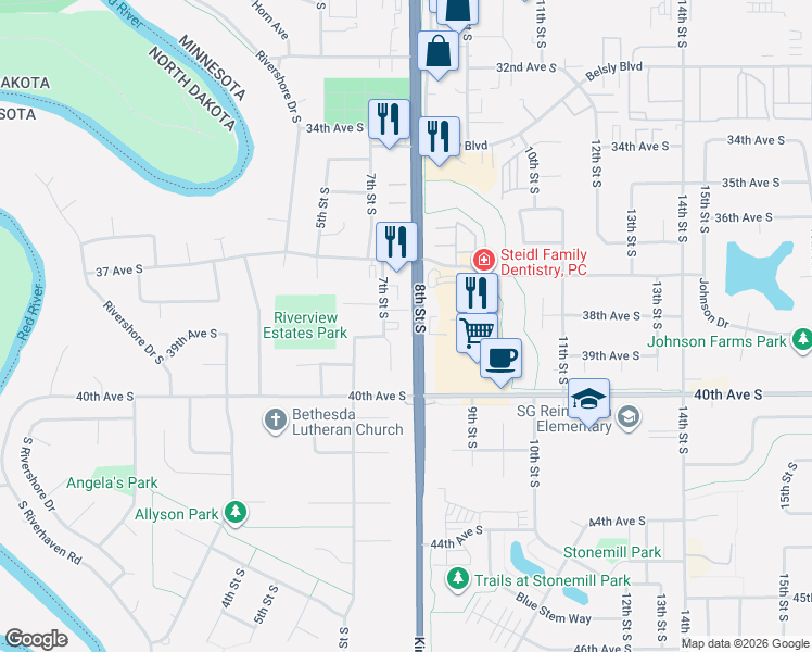 map of restaurants, bars, coffee shops, grocery stores, and more near 3904 7th Street South in Moorhead