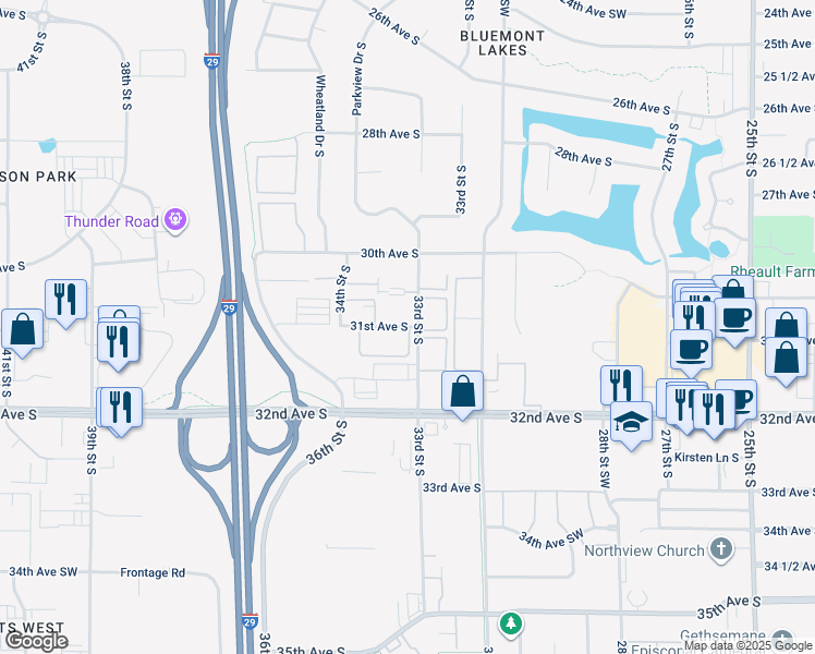 map of restaurants, bars, coffee shops, grocery stores, and more near 3313 31st Avenue South in Fargo