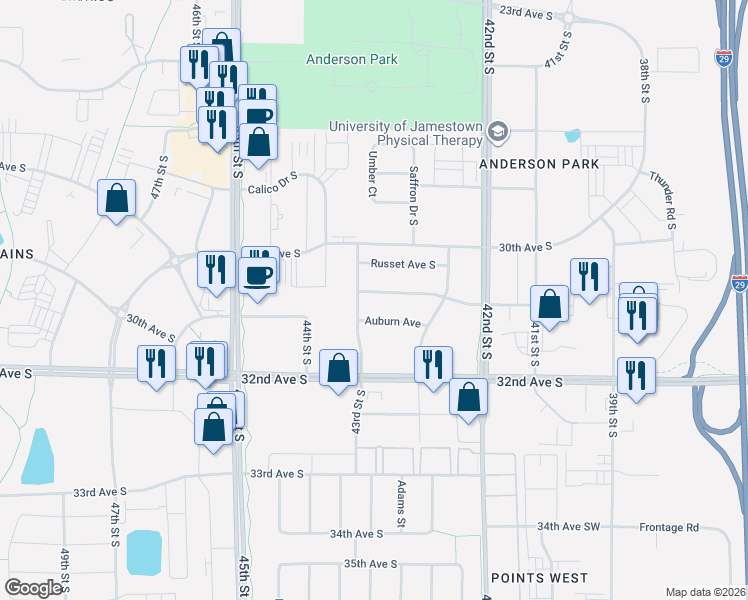 map of restaurants, bars, coffee shops, grocery stores, and more near 4295 Auburn Ave in Fargo