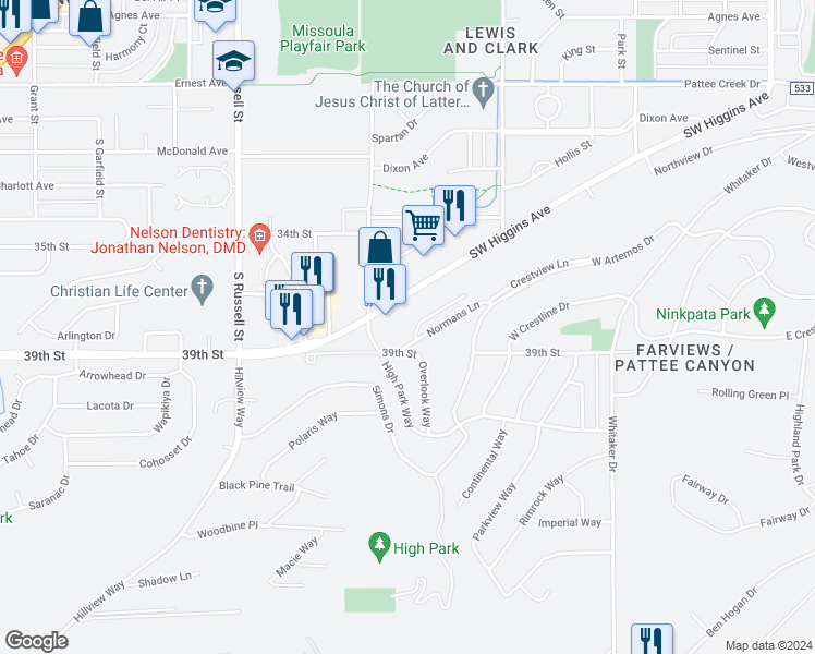 map of restaurants, bars, coffee shops, grocery stores, and more near 620 High Park Way in Missoula