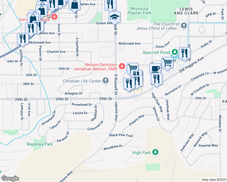 map of restaurants, bars, coffee shops, grocery stores, and more near 1250 Southwest Higgins Avenue in Missoula