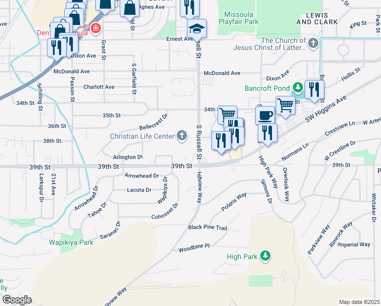 map of restaurants, bars, coffee shops, grocery stores, and more near 103 Mission Court in Missoula