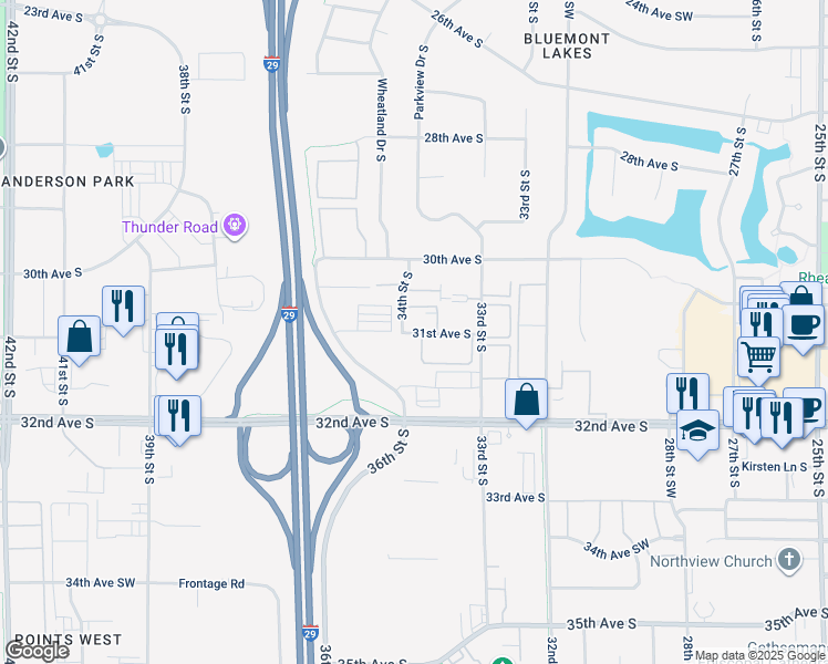 map of restaurants, bars, coffee shops, grocery stores, and more near 3342 31st Avenue South in Fargo