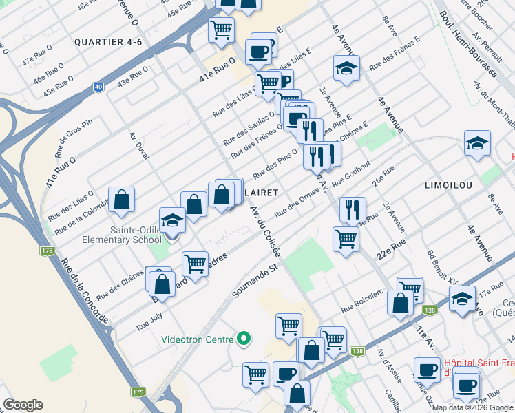 map of restaurants, bars, coffee shops, grocery stores, and more near 88 Rue des Bouleaux Ouest in Québec