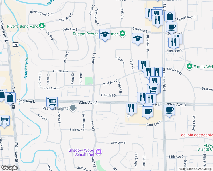 map of restaurants, bars, coffee shops, grocery stores, and more near 421 31st Avenue East in West Fargo