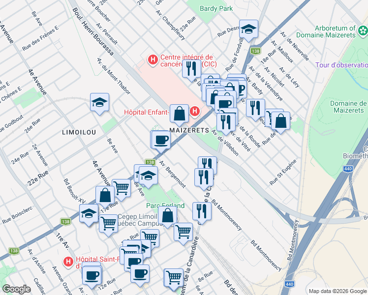 map of restaurants, bars, coffee shops, grocery stores, and more near 1756 Avenue de la Capricieuse in Québec