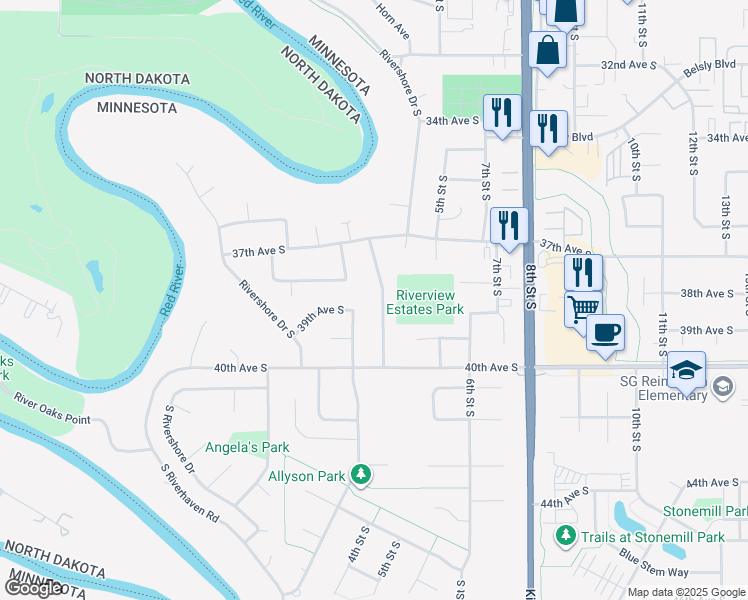 map of restaurants, bars, coffee shops, grocery stores, and more near 3902 4th Street South in Moorhead