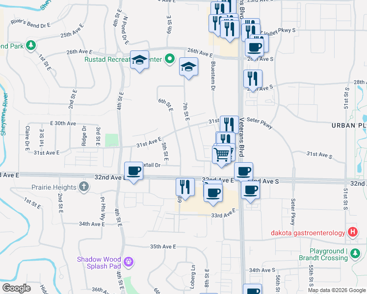 map of restaurants, bars, coffee shops, grocery stores, and more near 3149 6th Street East in West Fargo