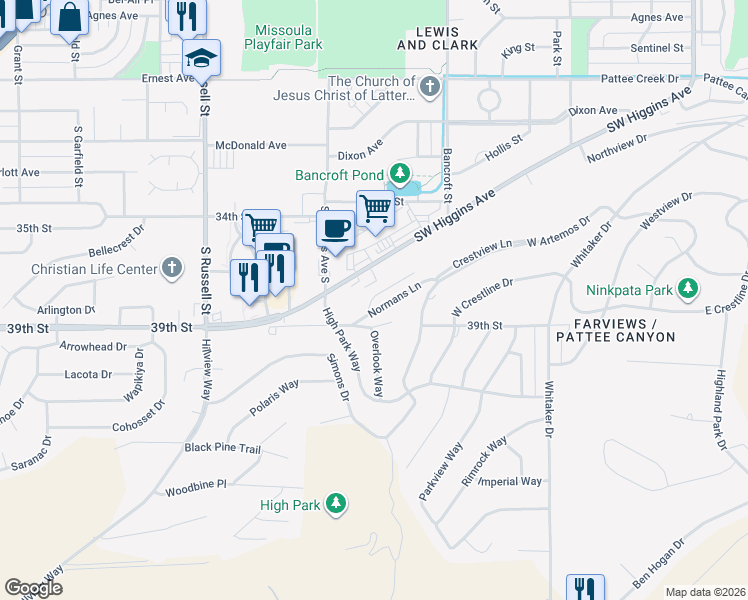 map of restaurants, bars, coffee shops, grocery stores, and more near 822 Normans Lane in Missoula