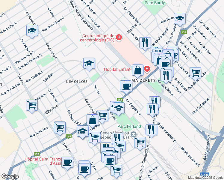 map of restaurants, bars, coffee shops, grocery stores, and more near 1000 Rue Charland in Ville de Québec