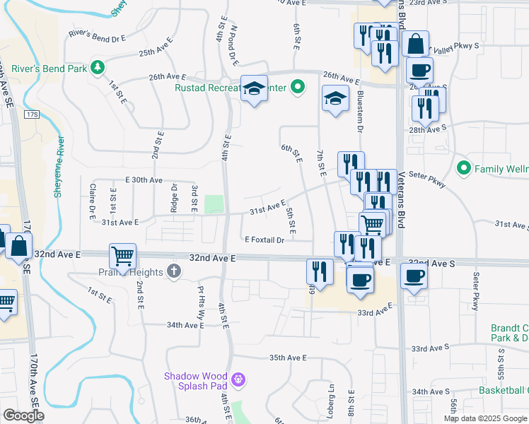 map of restaurants, bars, coffee shops, grocery stores, and more near 247 31st Avenue East in West Fargo