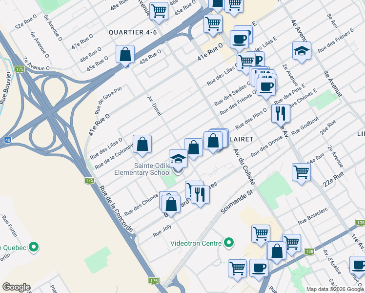 map of restaurants, bars, coffee shops, grocery stores, and more near 3030 Avenue Duval in Québec