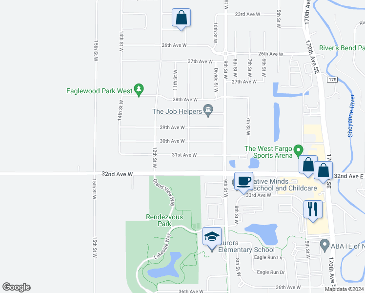 map of restaurants, bars, coffee shops, grocery stores, and more near 1019 30th Avenue West in West Fargo