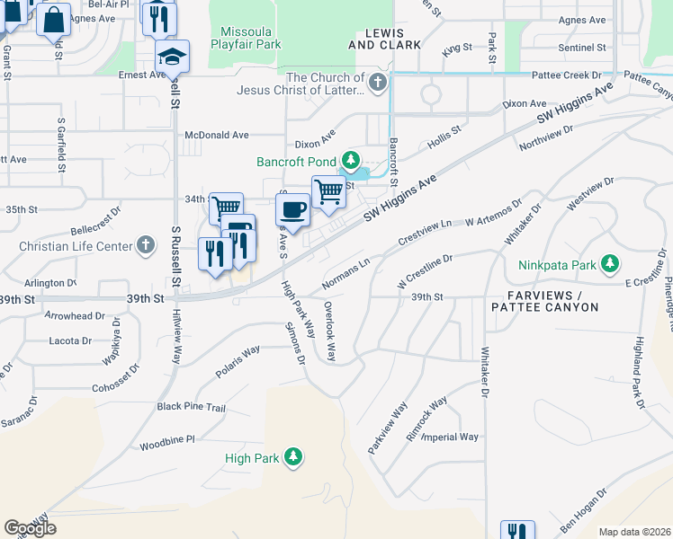 map of restaurants, bars, coffee shops, grocery stores, and more near 822 Normans Lane in Missoula