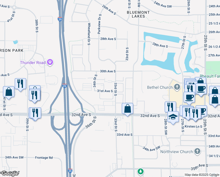 map of restaurants, bars, coffee shops, grocery stores, and more near 3322 31st Avenue South in Fargo