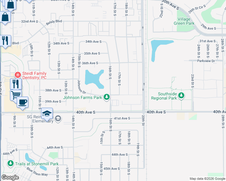 map of restaurants, bars, coffee shops, grocery stores, and more near 1701 Johnson Drive in Moorhead