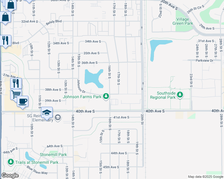 map of restaurants, bars, coffee shops, grocery stores, and more near 1701 Johnson Drive in Moorhead