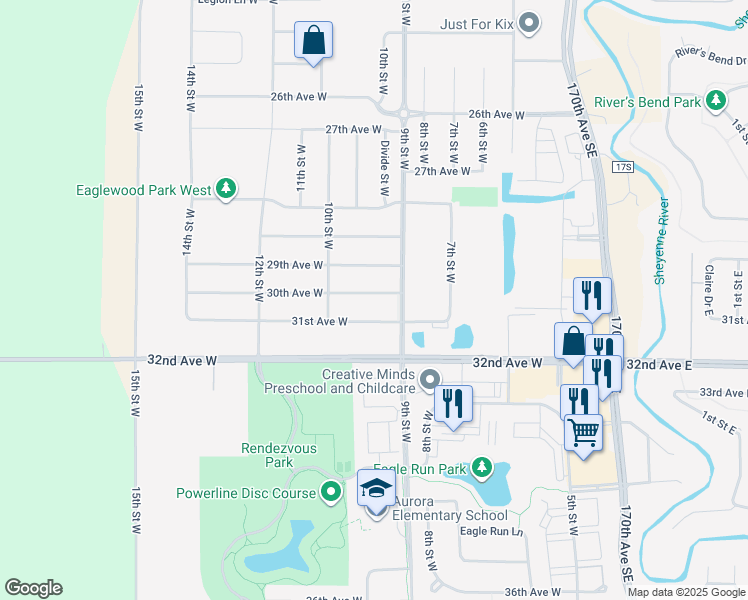 map of restaurants, bars, coffee shops, grocery stores, and more near 931 29th Avenue West in West Fargo
