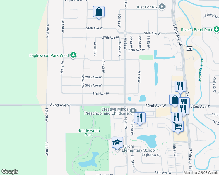 map of restaurants, bars, coffee shops, grocery stores, and more near 10th Street West in West Fargo