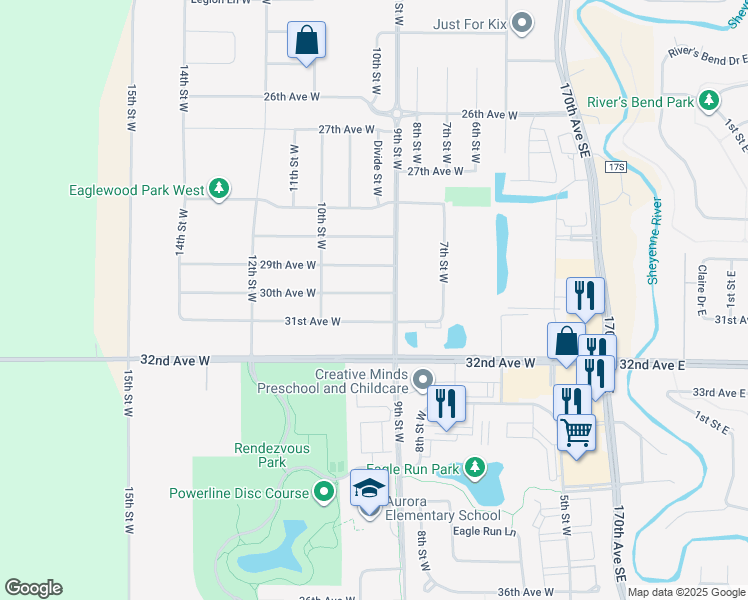 map of restaurants, bars, coffee shops, grocery stores, and more near 931 29th Avenue West in West Fargo